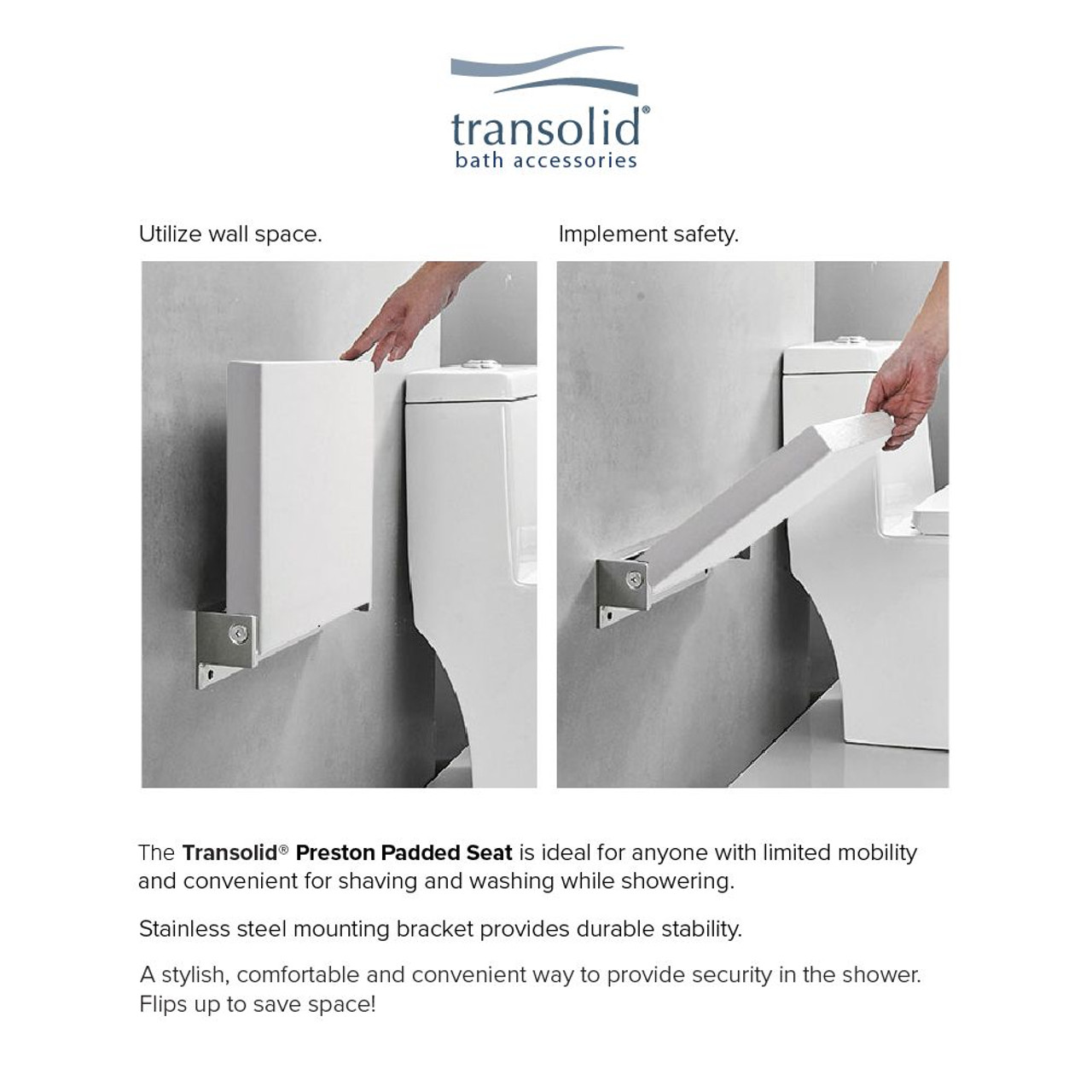 Transolid PPS1420UP-01BS 14-in x 20-in Flip Up Shower Seat, White and Brushed Stainless
