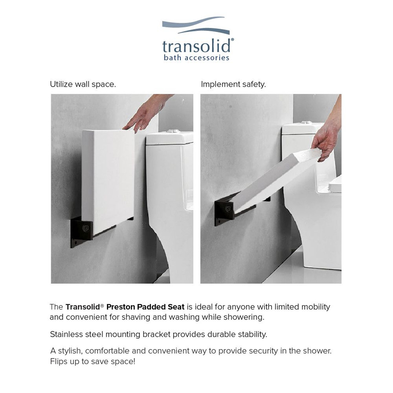 Transolid PPS1420UP-01MB 14-in x 20-in Flip Up Shower Seat, White and Matte Black