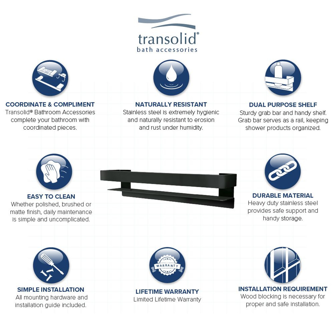 Transolid JGBS20-MB Transolid JGBS20-MB Jocelyn 20-in Grab Bar Shelf; Matte Black