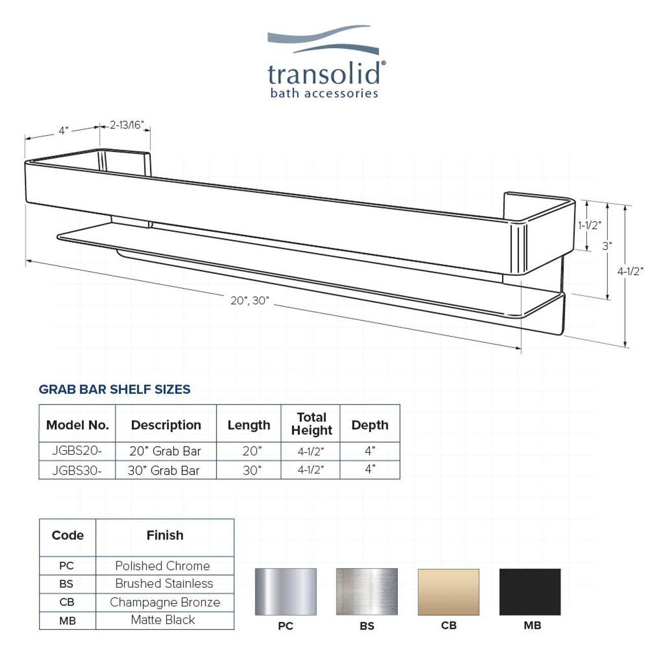 Transolid JGBS20-MB Transolid JGBS20-MB Jocelyn 20-in Grab Bar Shelf; Matte Black