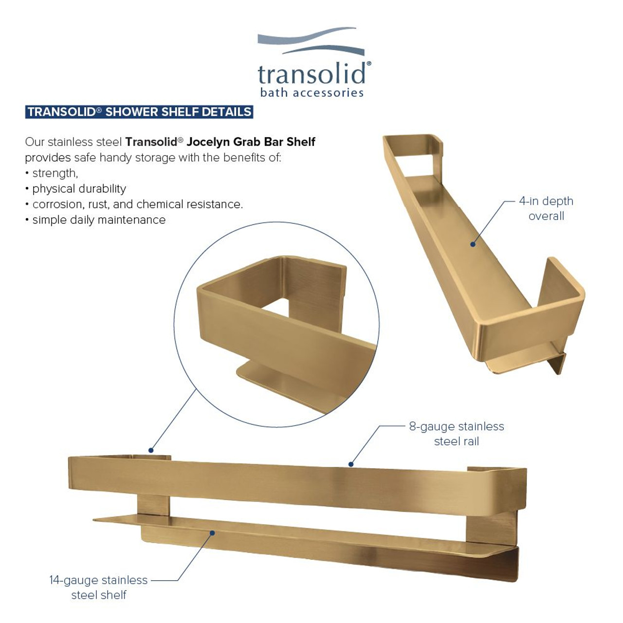 Transolid JGBS20-CB Transolid JGBS20-CB Jocelyn 20-in Grab Bar Shelf; Champagne Bronze
