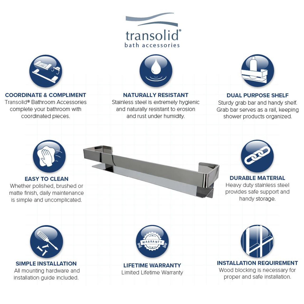 Transolid JGBS30-PC Transolid JGBS30-PC Jocelyn 30-in Grab Bar Shelf; Polished Chrome