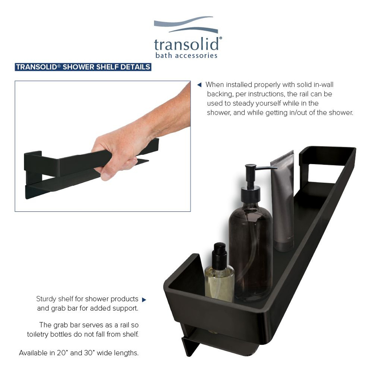 Transolid JGBS30-MB Transolid JGBS30-MB Jocelyn 30-in Grab Bar Shelf; Matte Black