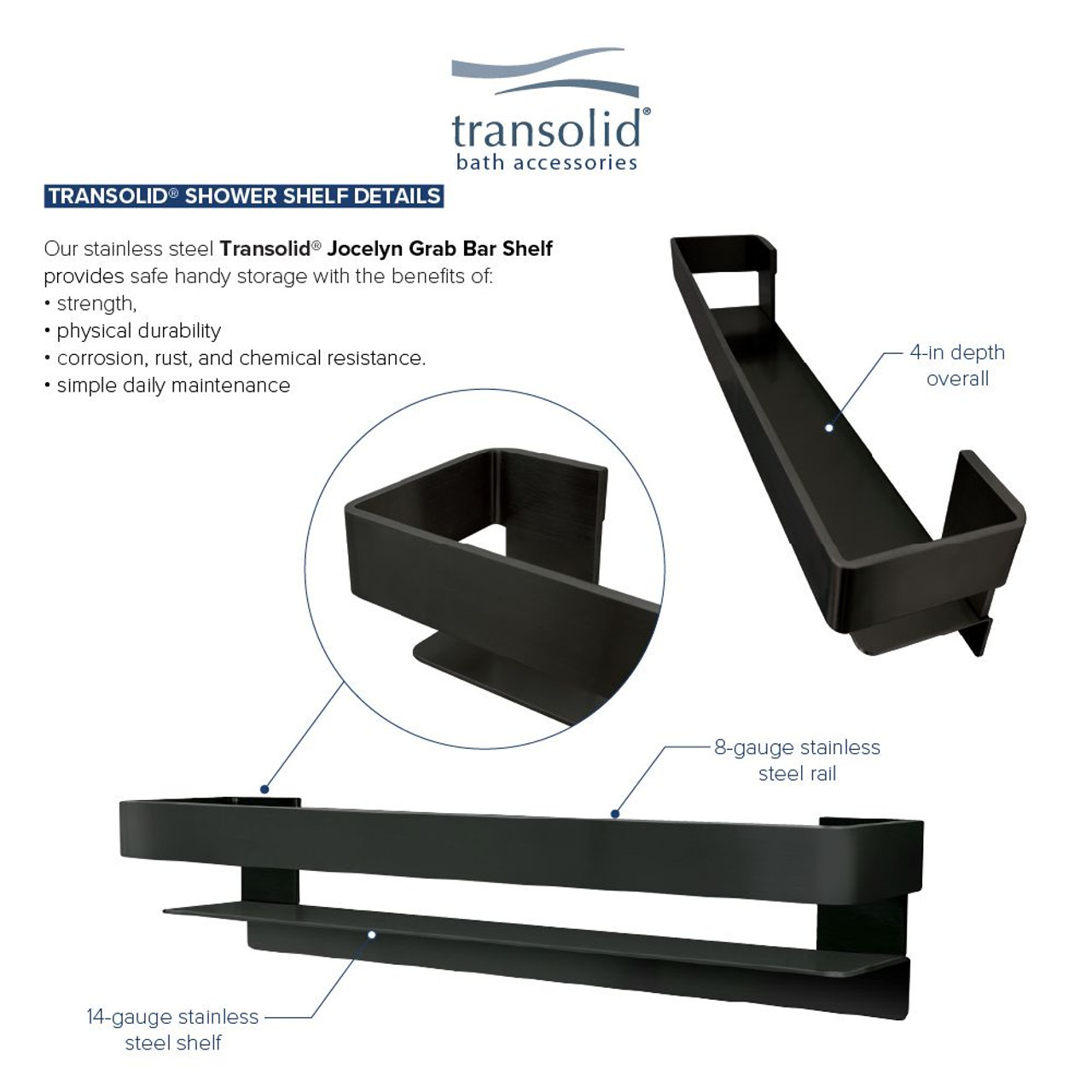 Transolid JGBS30-MB Transolid JGBS30-MB Jocelyn 30-in Grab Bar Shelf; Matte Black