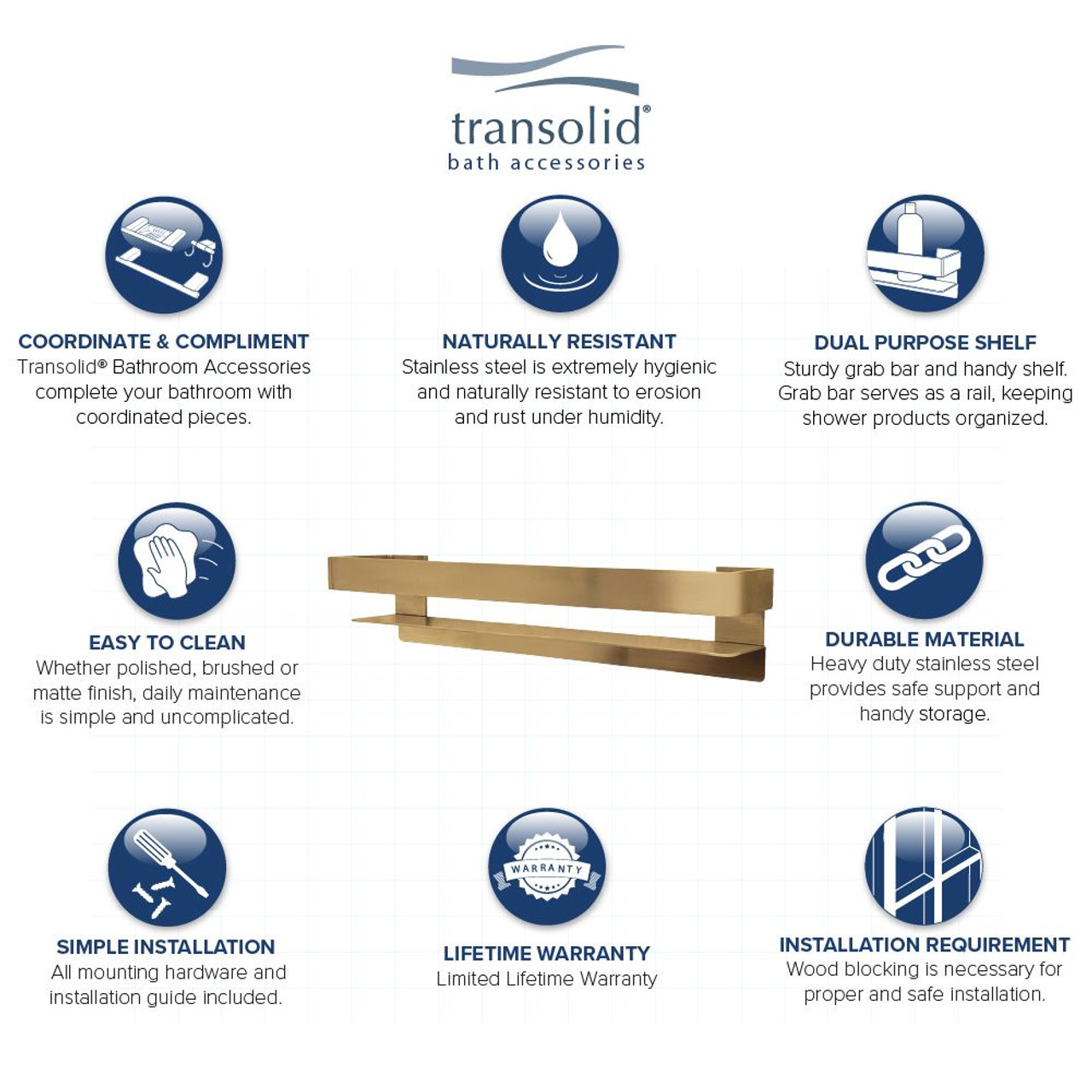 Transolid JGBS30-CB Transolid JGBS30-CB Jocelyn 30-in Grab Bar Shelf; Champagne Bronze