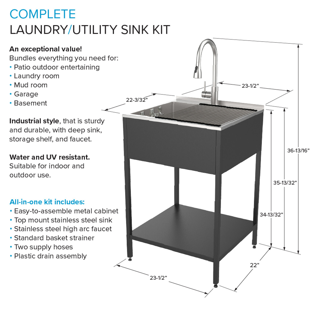 Transolid K-EWS-2422S-MB  24-in W x 22.1-in D x 35.2-in H Laundry Sink/Wash Stand All-in-One Kit, Matte Black