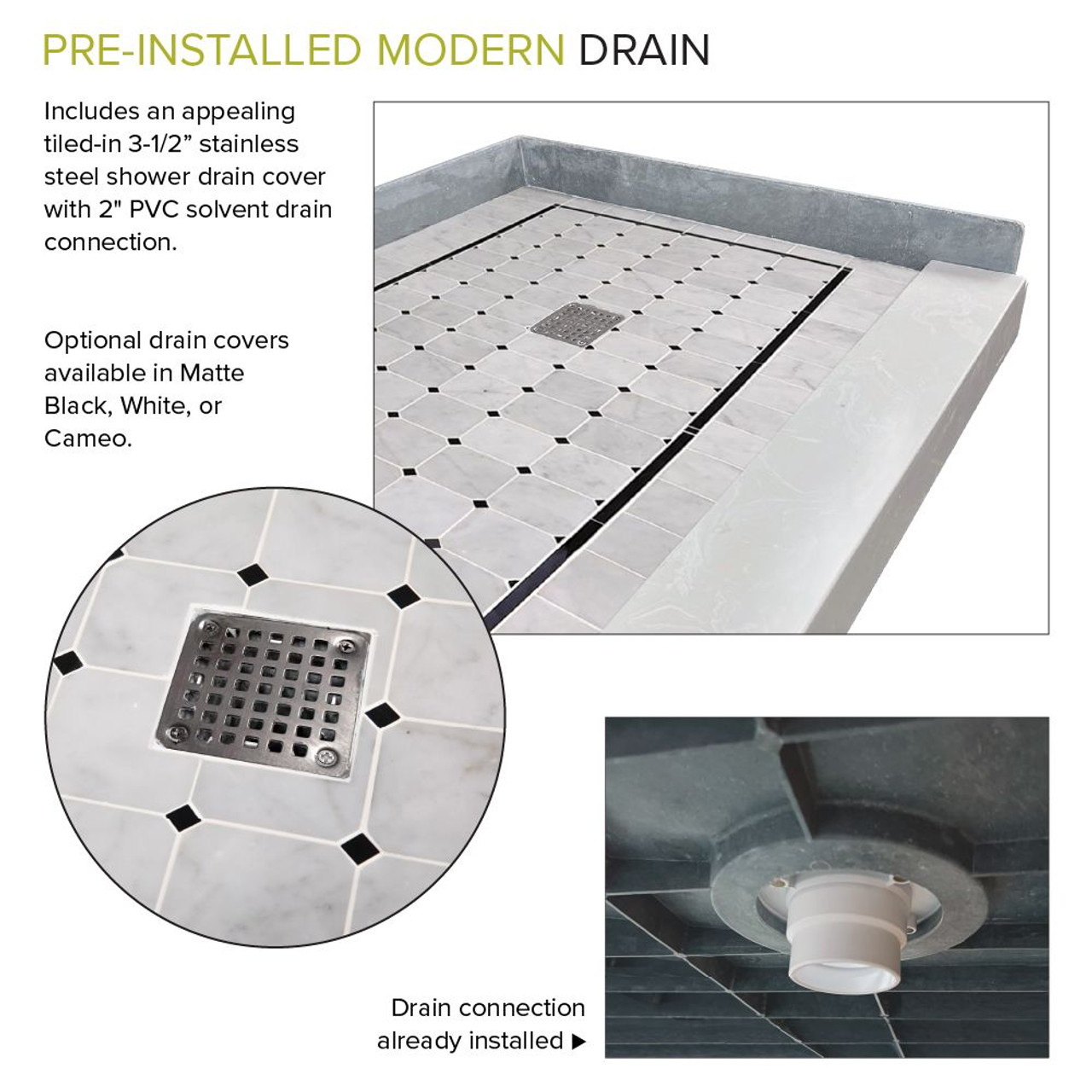 Transolid FPT6036C-SW 60-in x 36-in Pre-Tiled Shower Base with Center Drain in White Square