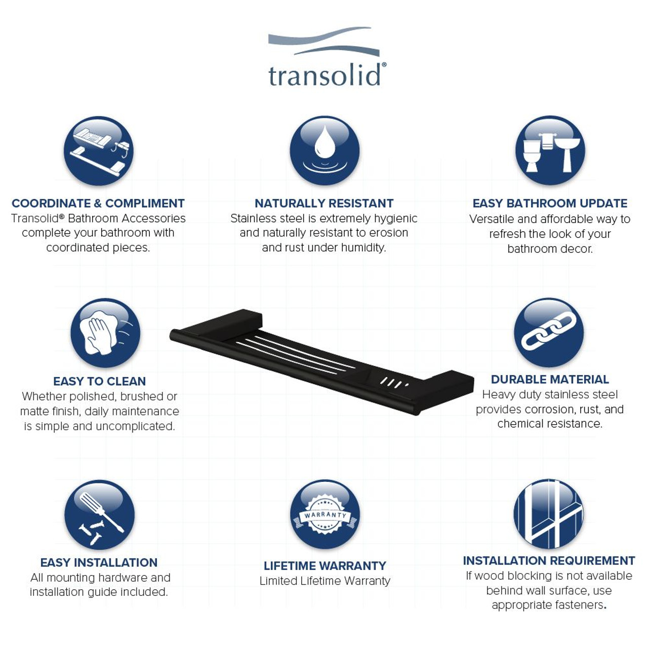 Transolid K-SS17-SSC-MB 3-Piece Shower Shelf Kit, Matte Black
