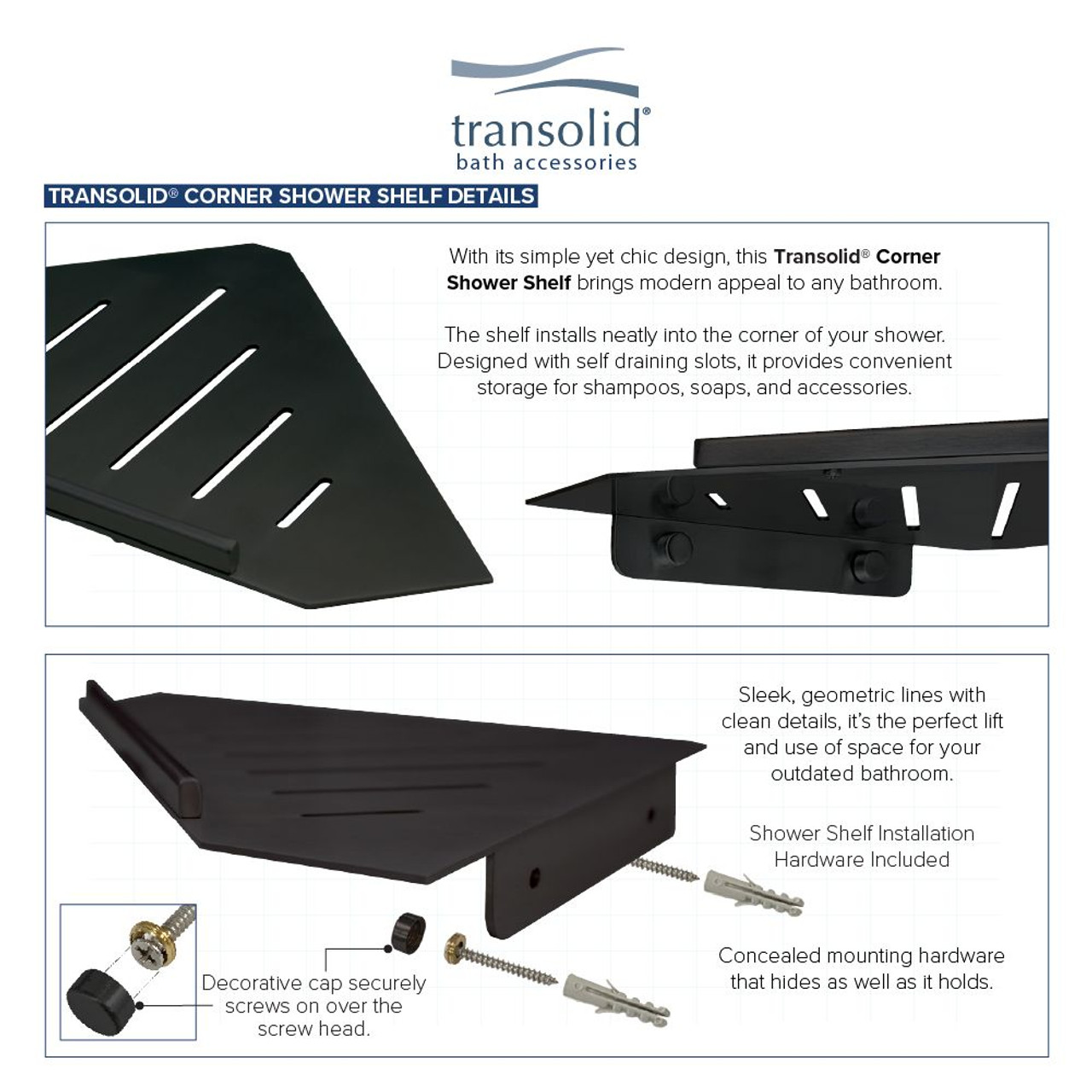 Transolid K-SS17-SSC-MB 3-Piece Shower Shelf Kit, Matte Black