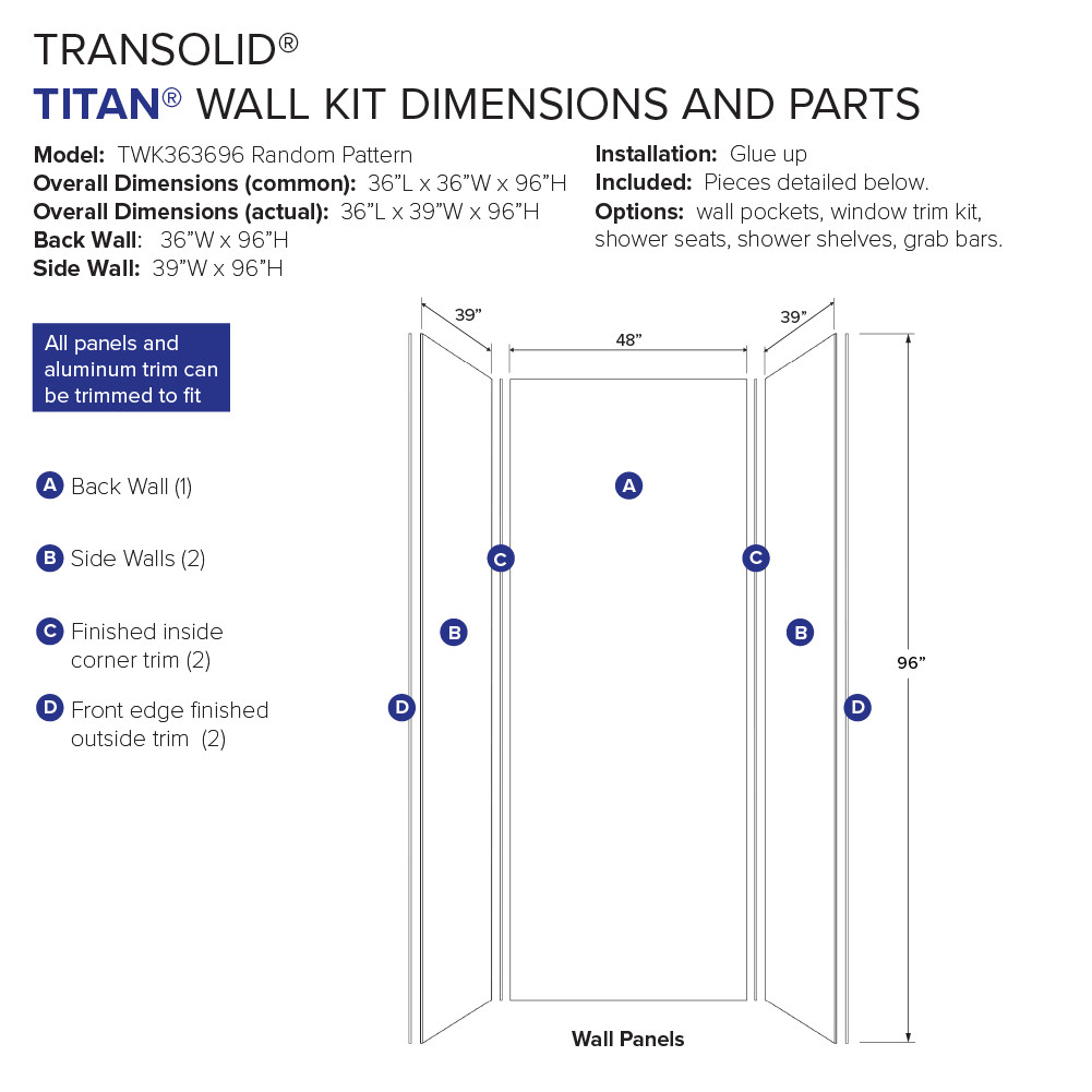 Transolid TWK363696-KI63H Titan 39-in x 39-in x 96-in Shower Wall Trimmable Kit, Maelstrom Grey (Honed)