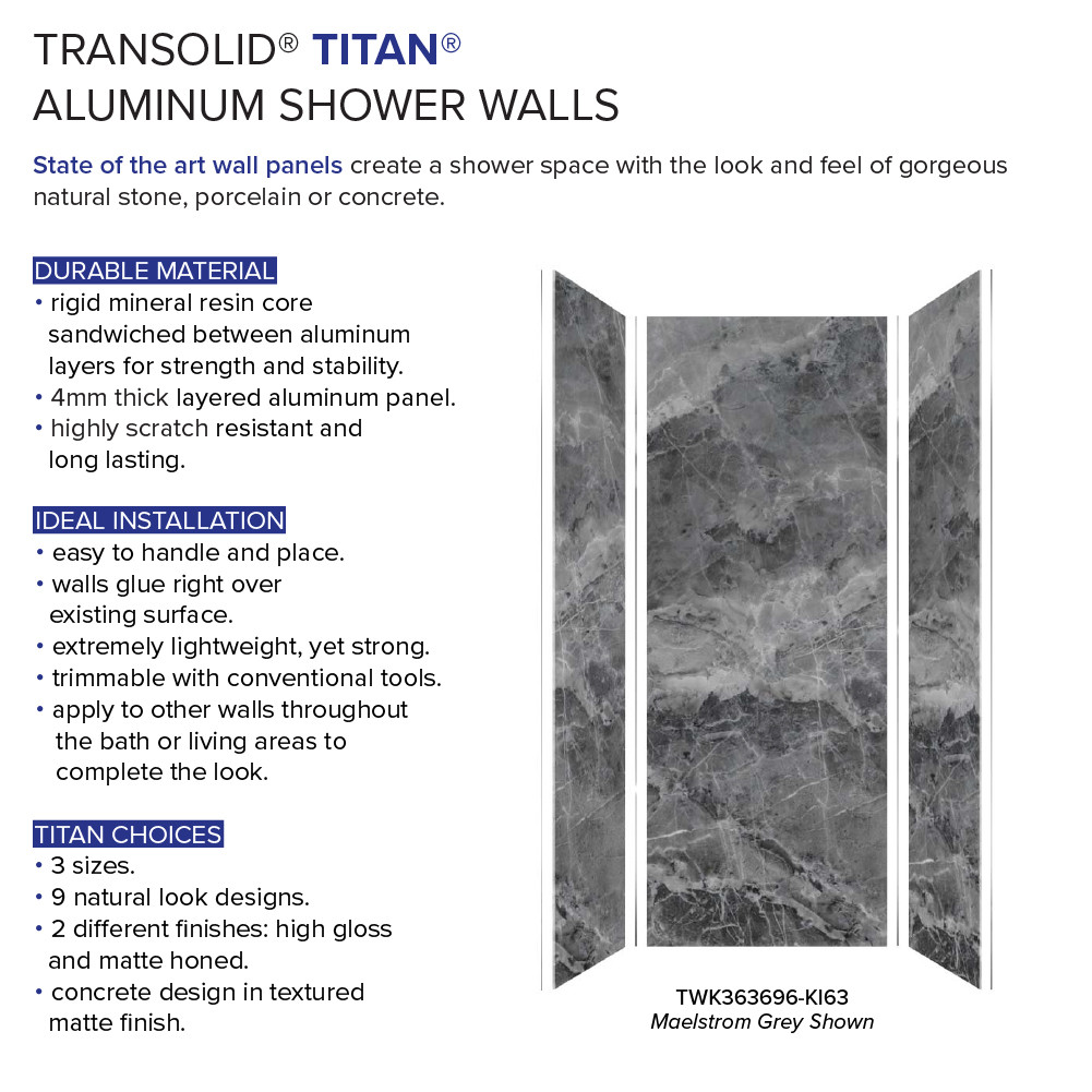 Transolid TWK363696-KI63H Titan 39-in x 39-in x 96-in Shower Wall Trimmable Kit, Maelstrom Grey (Honed)