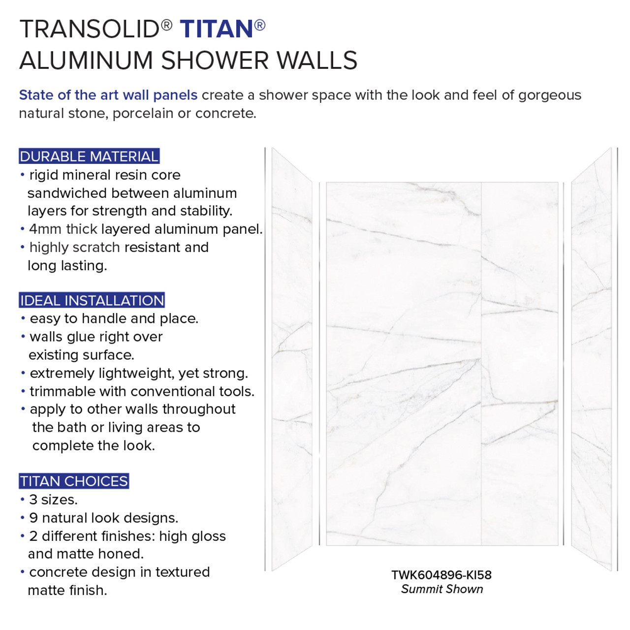 Transolid TWK604896-KI58G Titan 64-in x 48-in x 96-in Shower Wall Trimmable Kit, Summit (Glossy)