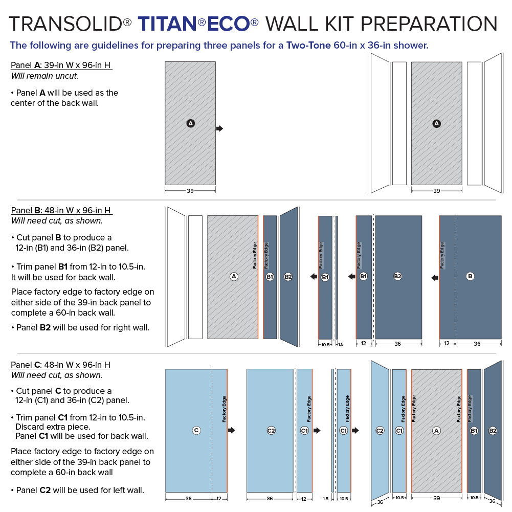 Transolid TWKE603696-SKI01GBKI31G Titan 60"x 36"x 96" Eco Shower Wall Trimmable Kit, White Caruso/Savanna Grey