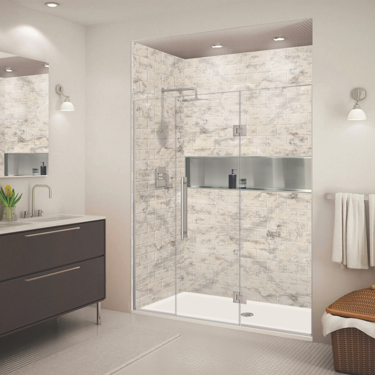 Transolid EHTF67257610C-BK-BS Elizabeth 67-in W x 76-in H Hinged Shower Door in Brushed Stainless with Clear Glass