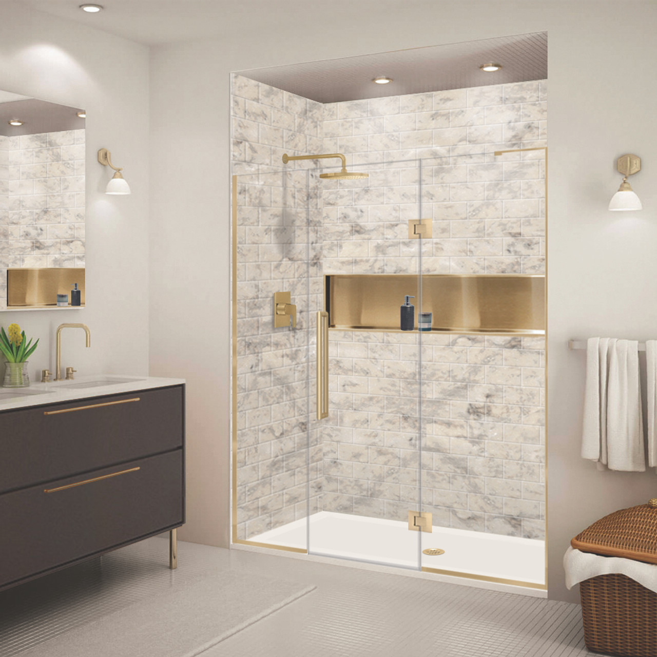 Transolid EHTF69277610C-T-CB Elizabeth 69-in W x 76-in H Hinged Shower Door in Champagne Bronze with Clear Glass