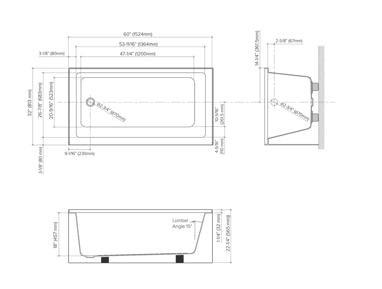 Transolid UATTR603222-R Ursula AFR 60-in x 32-in x 22-in Alcove Acrylic Bathtub With Right Hand Drain, White (Glossy) 