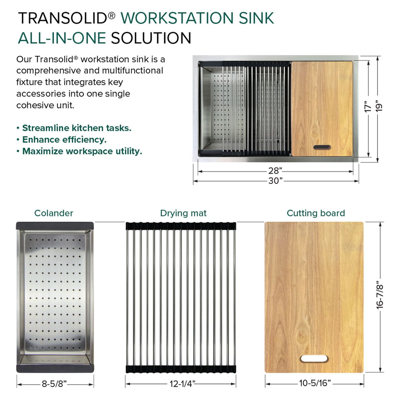 Transolid KWSSU301910 30-in X 19-in X 10-in 18-Gauge Undermount Stainless Steel Kitchen Workstation Sink