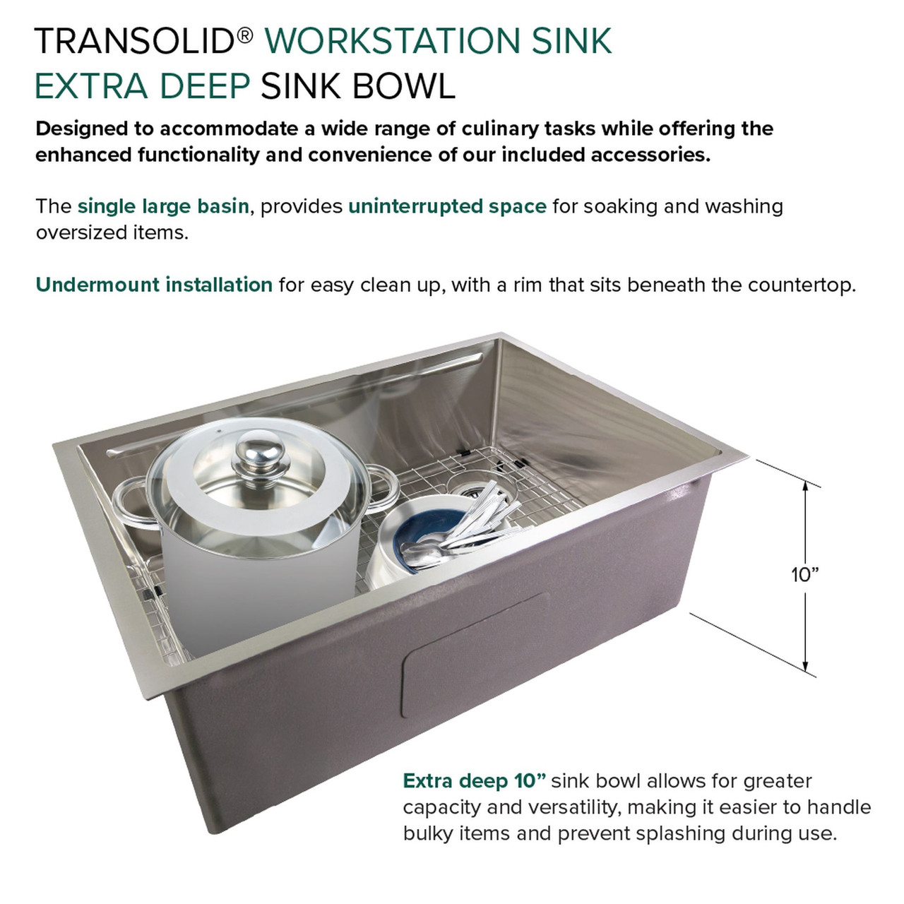 Transolid KWSSU301910 30-in X 19-in X 10-in 18-Gauge Undermount Stainless Steel Kitchen Workstation Sink