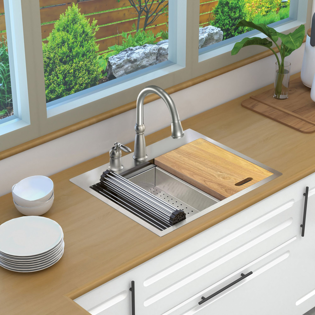 Transolid KWSST272210-ML2 27-in X 22-in X 10-in 18-Gauge Drop-in Stainless Steel Kitchen Workstation Sink with ML2 Faucet Holes