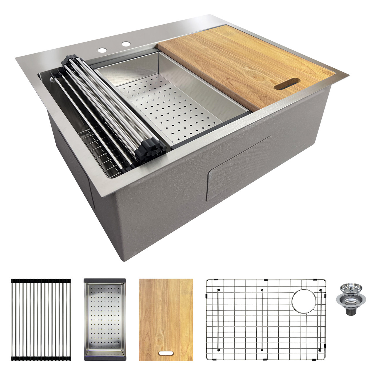 Transolid KWSST272210-ML2 27-in X 22-in X 10-in 18-Gauge Drop-in Stainless Steel Kitchen Workstation Sink with ML2 Faucet Holes