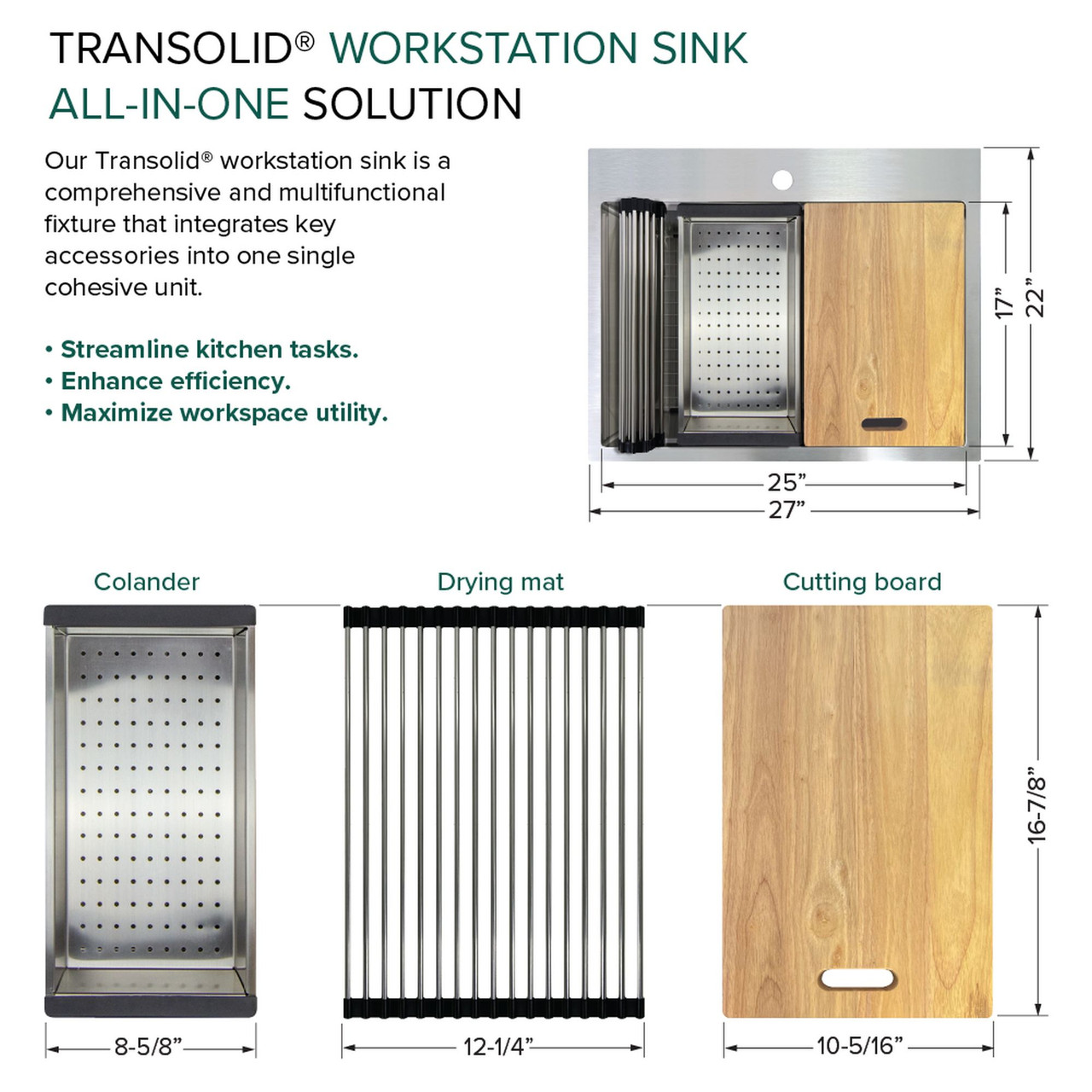 Transolid KWSST272210-ML2 27-in X 22-in X 10-in 18-Gauge Drop-in Stainless Steel Kitchen Workstation Sink with ML2 Faucet Holes
