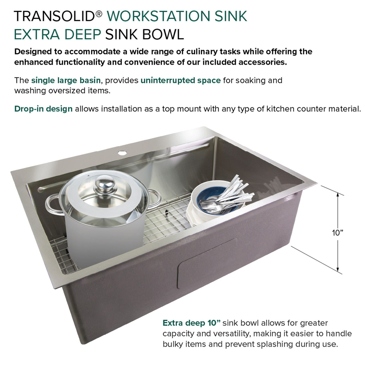 Transolid KWSST322210-MR2 32-in X 22-in X 10-in 18-Gauge Drop-in Stainless Steel Kitchen Workstation Sink with MR2 Faucet Holes