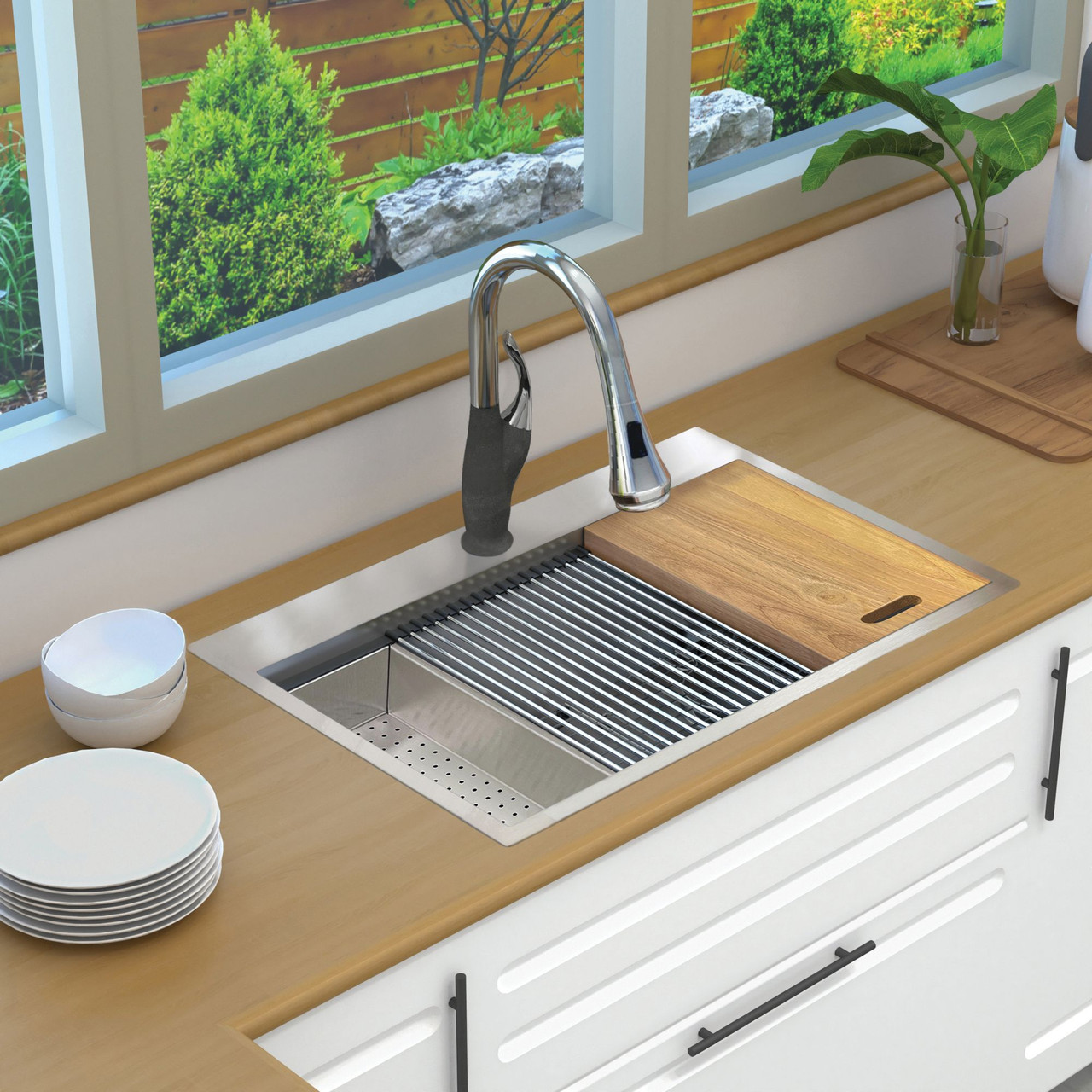 Transolid KWSST332210-1 33-in X 22-in X 10-in 18-Gauge Drop-in Stainless Steel Kitchen Workstation Sink with 1 Faucet Hole