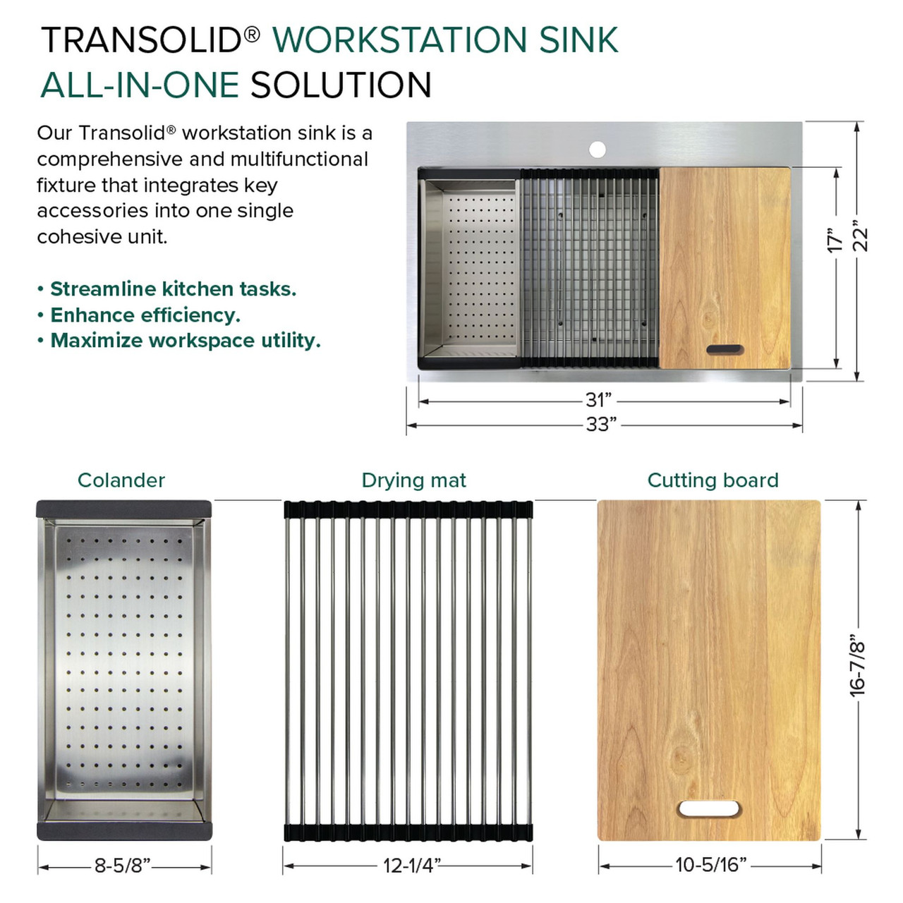 Transolid KWSST332210-1 33-in X 22-in X 10-in 18-Gauge Drop-in Stainless Steel Kitchen Workstation Sink with 1 Faucet Hole