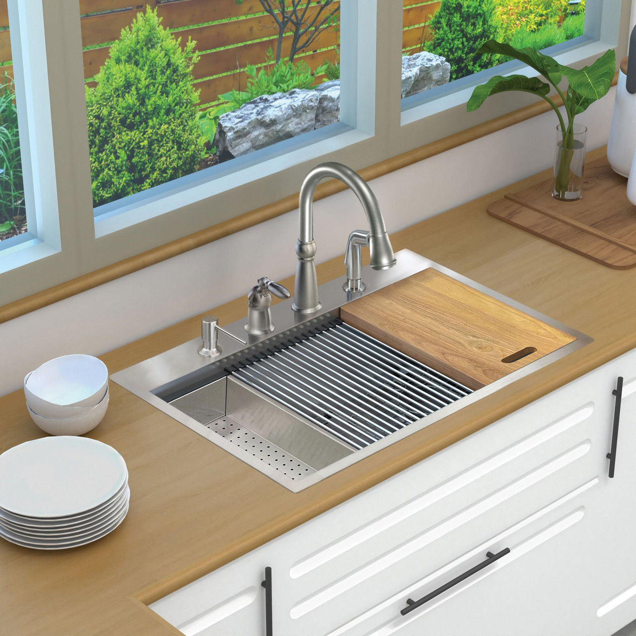Transolid KWSST332210-4 32-in X 22-in X 10-in 18-Gauge Drop-in Stainless Steel Kitchen Workstation Sink with 4 Faucet Holes