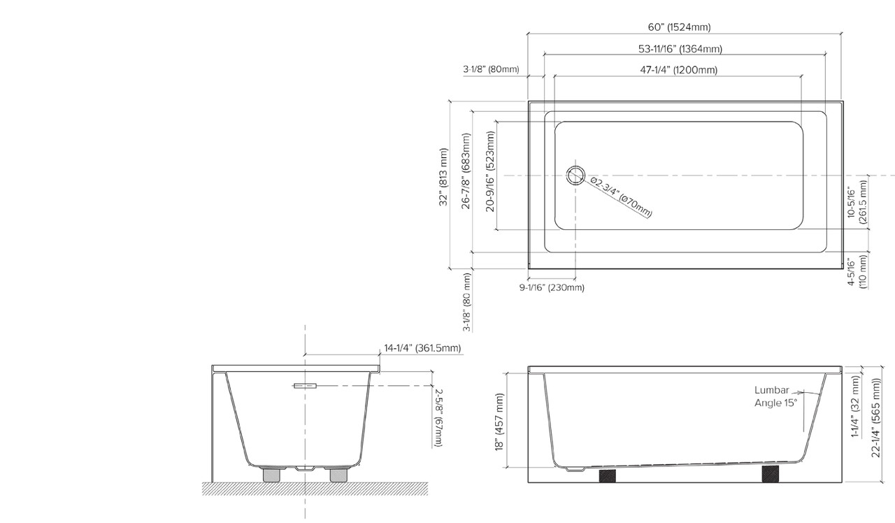 Transolid UATLN603222-R Unity AFR 60-in x 32-in x 22-in Alcove Acrylic Bathtub With Right Hand Drain, White (Glossy)