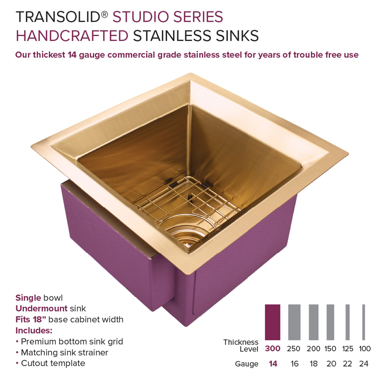 Transolid PUSB15159SB 15-in x 15-in x 9-in 14 Gauge Single Bowl Undermount Stainless Steel Kitchen/Bar Sink With SinkPocket™, Bottom Sink Grid, And Flip-Top Sink Strainer, Satin Brass