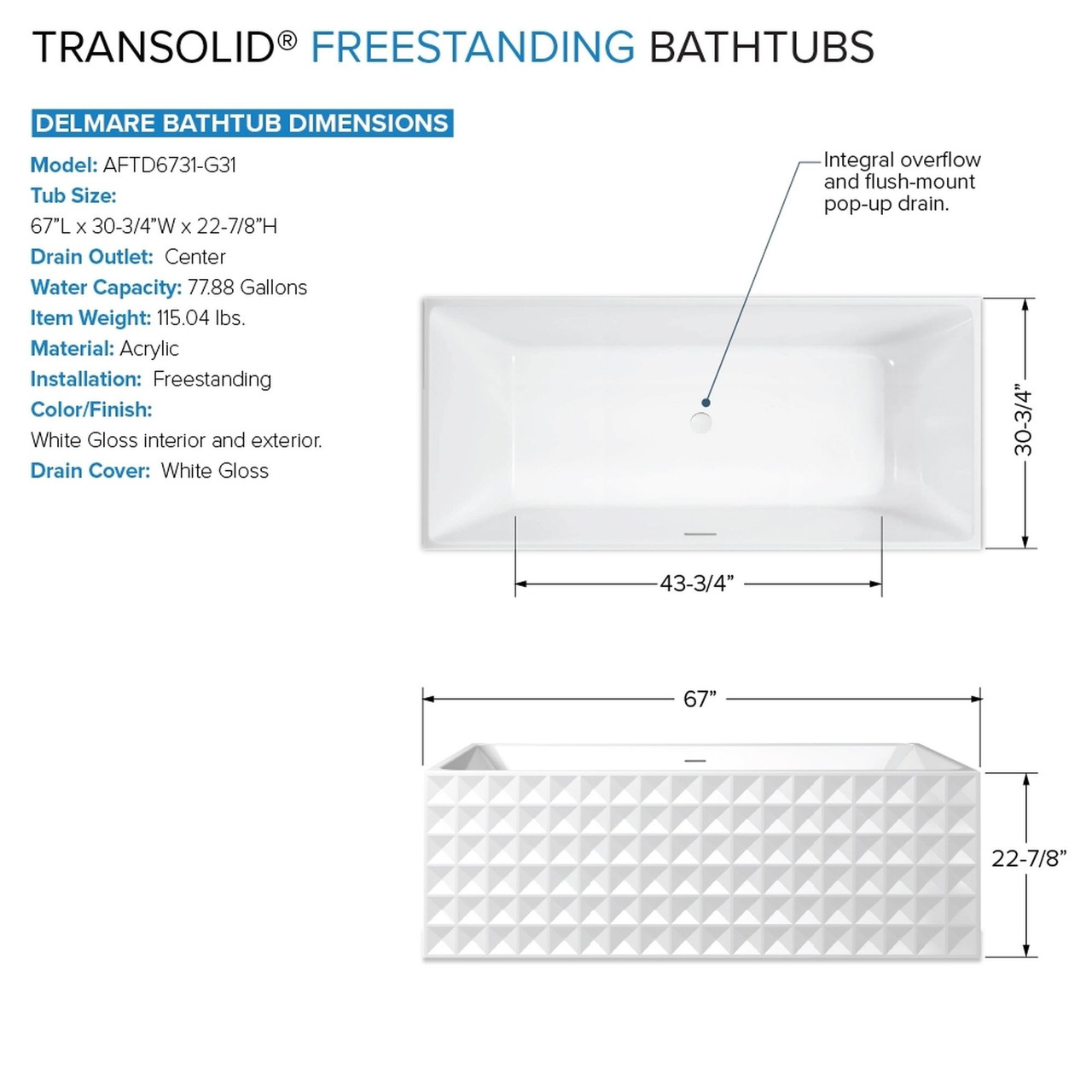 Transolid K-AFTD6731-G31 Delmare 67-in x 31-in x 23-in Freestanding Acrylic Bathtub Kit With Center Drain And Bath Pillow, White (Gloss)