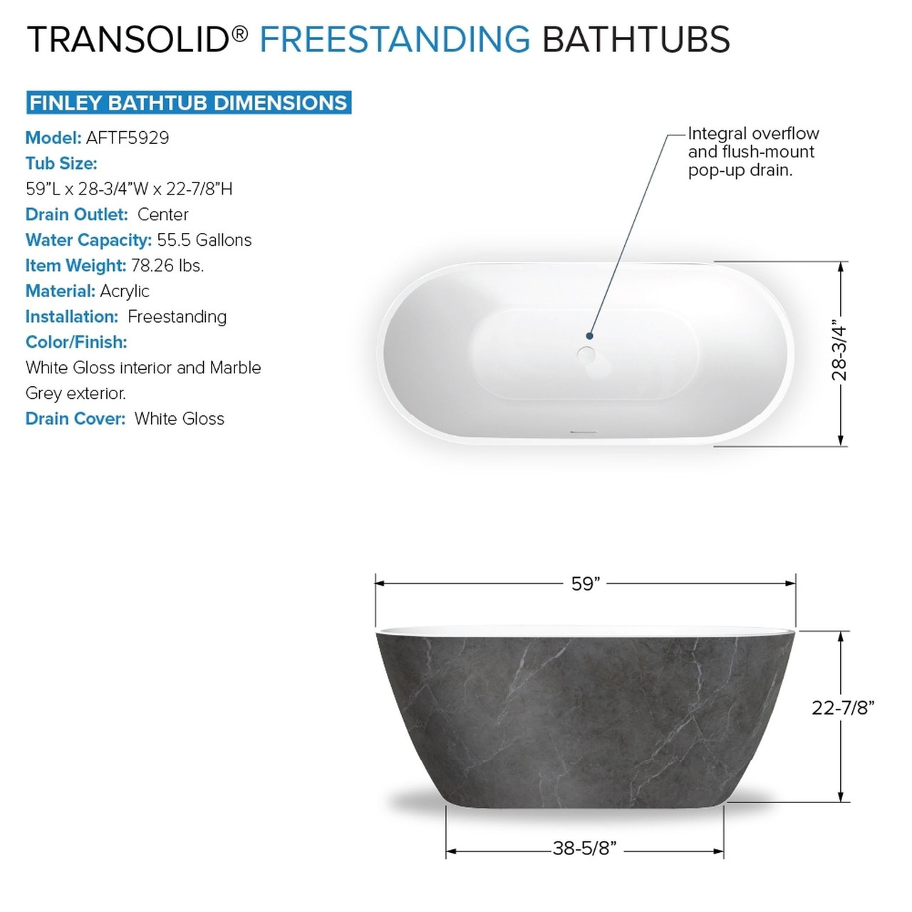 Transolid K-AFTF5929-G31M40 Finley 59-in x 29-in x 23-in Freestanding Acrylic Bathtub Kit With Center Drain And Bath Pillow, Marble Grey/White (Gloss)
