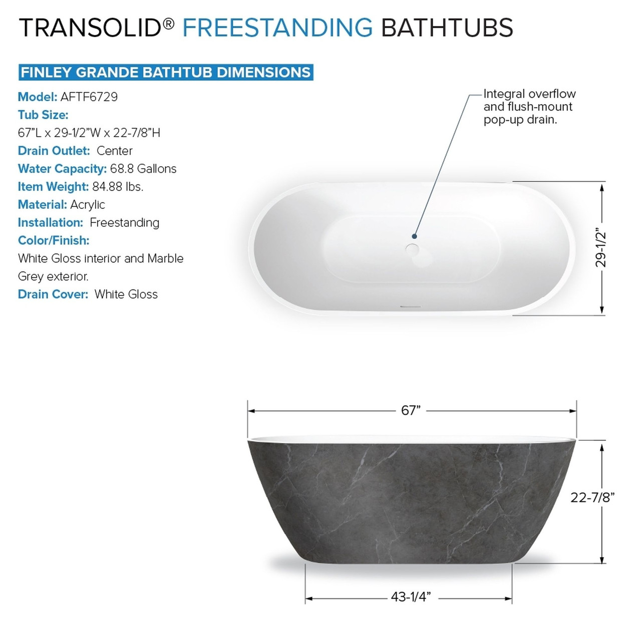 Transolid K-AFTF6729-G31M40 Finley Grande 67-in x 30-in x 23-in Freestanding Acrylic Bathtub Kit With Center Drain And Bath Pillow, Marble Grey/White (Gloss)