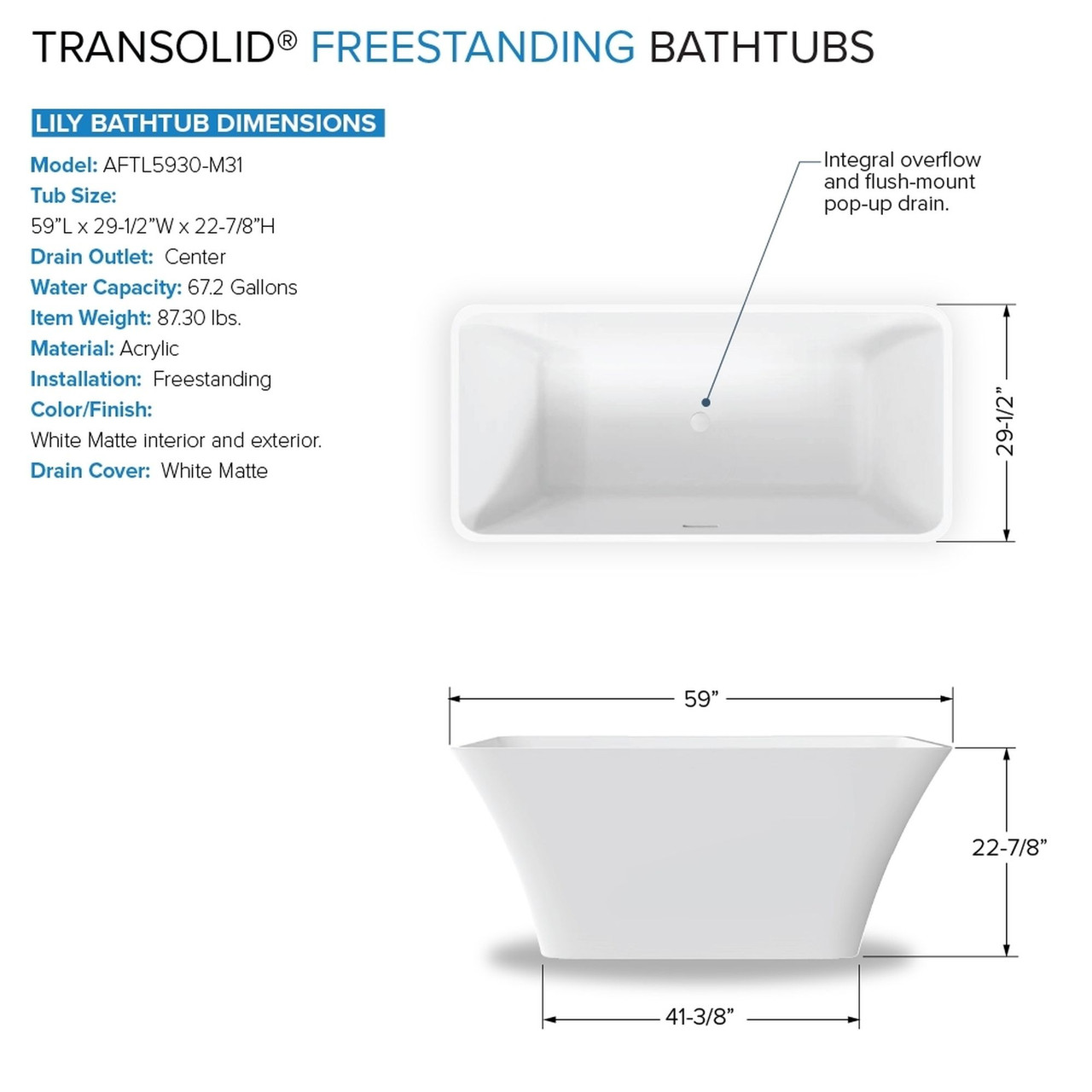 Transolid K-AFTL5930-M31 Lily 59-in x 30-in x 23-in Freestanding Acrylic Bathtub Kit With Center Drain And Bath Pillow, White (Matte)