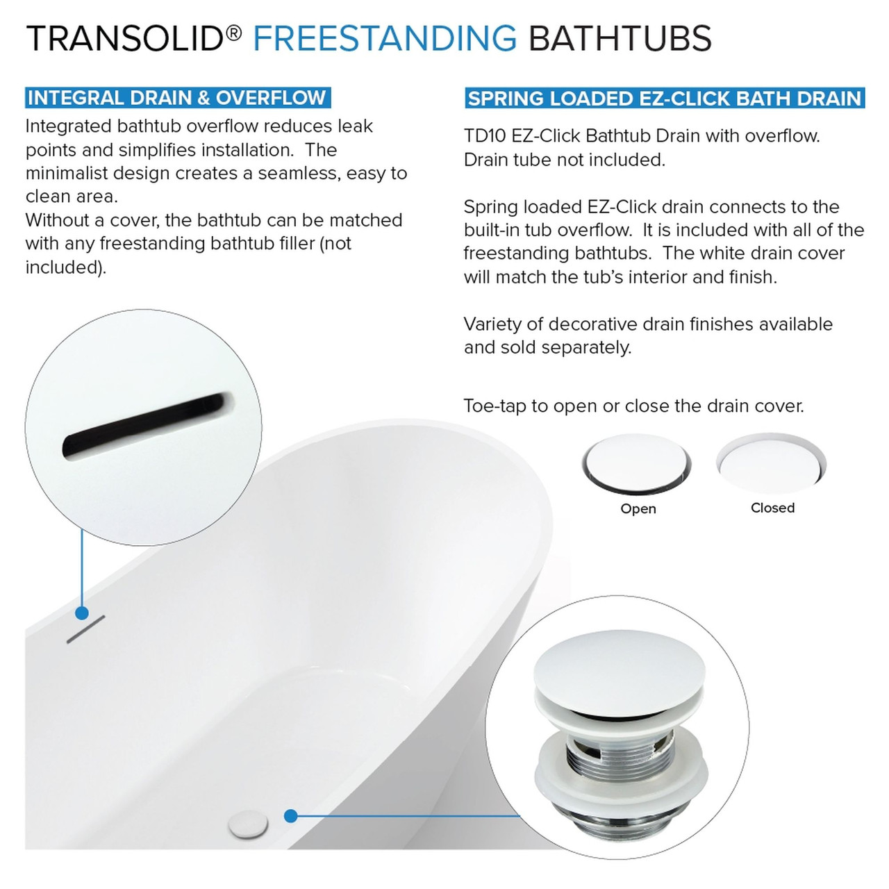 Transolid K-AFTL5930-M31 Lily 59-in x 30-in x 23-in Freestanding Acrylic Bathtub Kit With Center Drain And Bath Pillow, White (Matte)