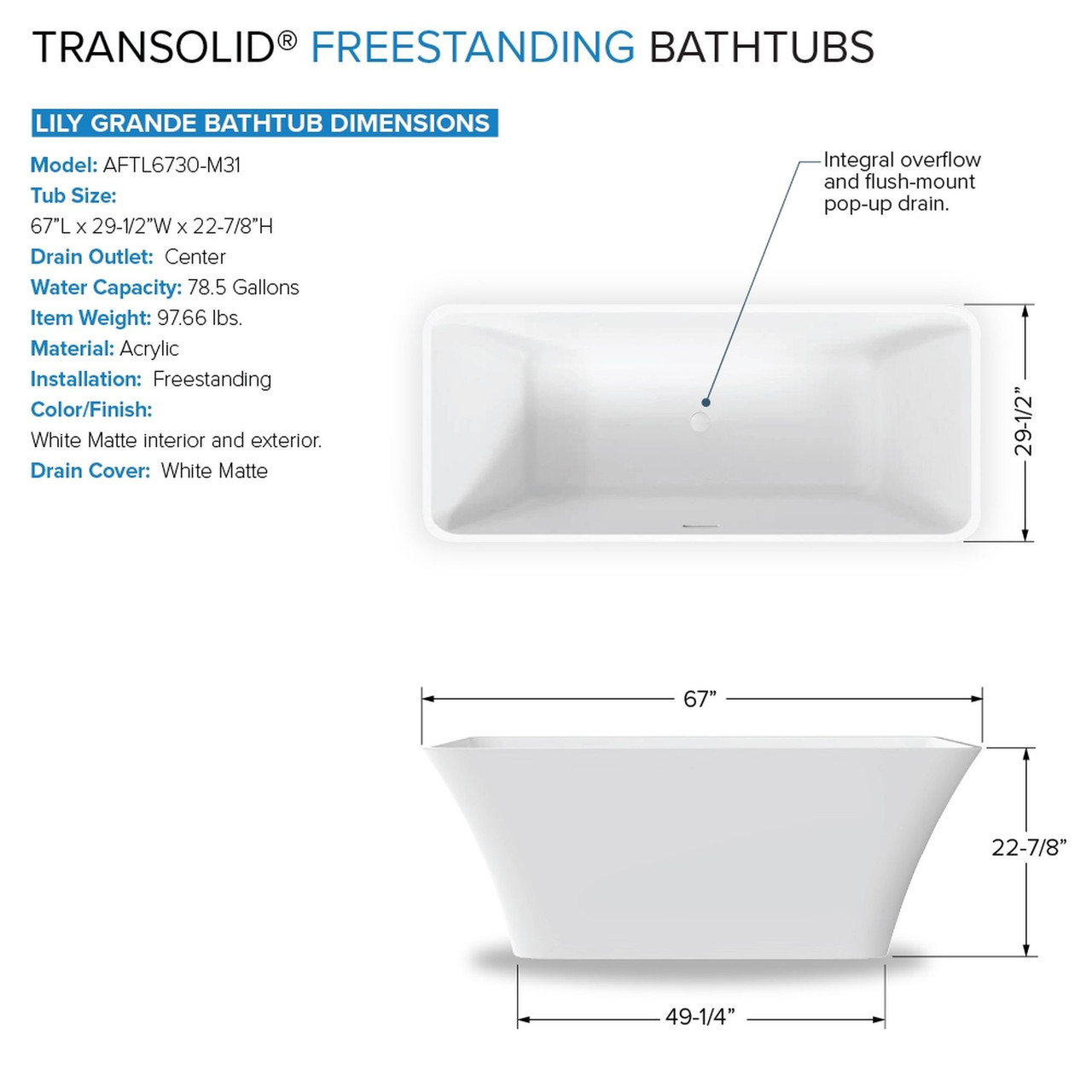 Transolid K-AFTL6730-M31 Lily Grande 67-in x 30-in x 23-in Freestanding Acrylic Bathtub Kit With Center Drain And Bath Pillow, White (Matte)