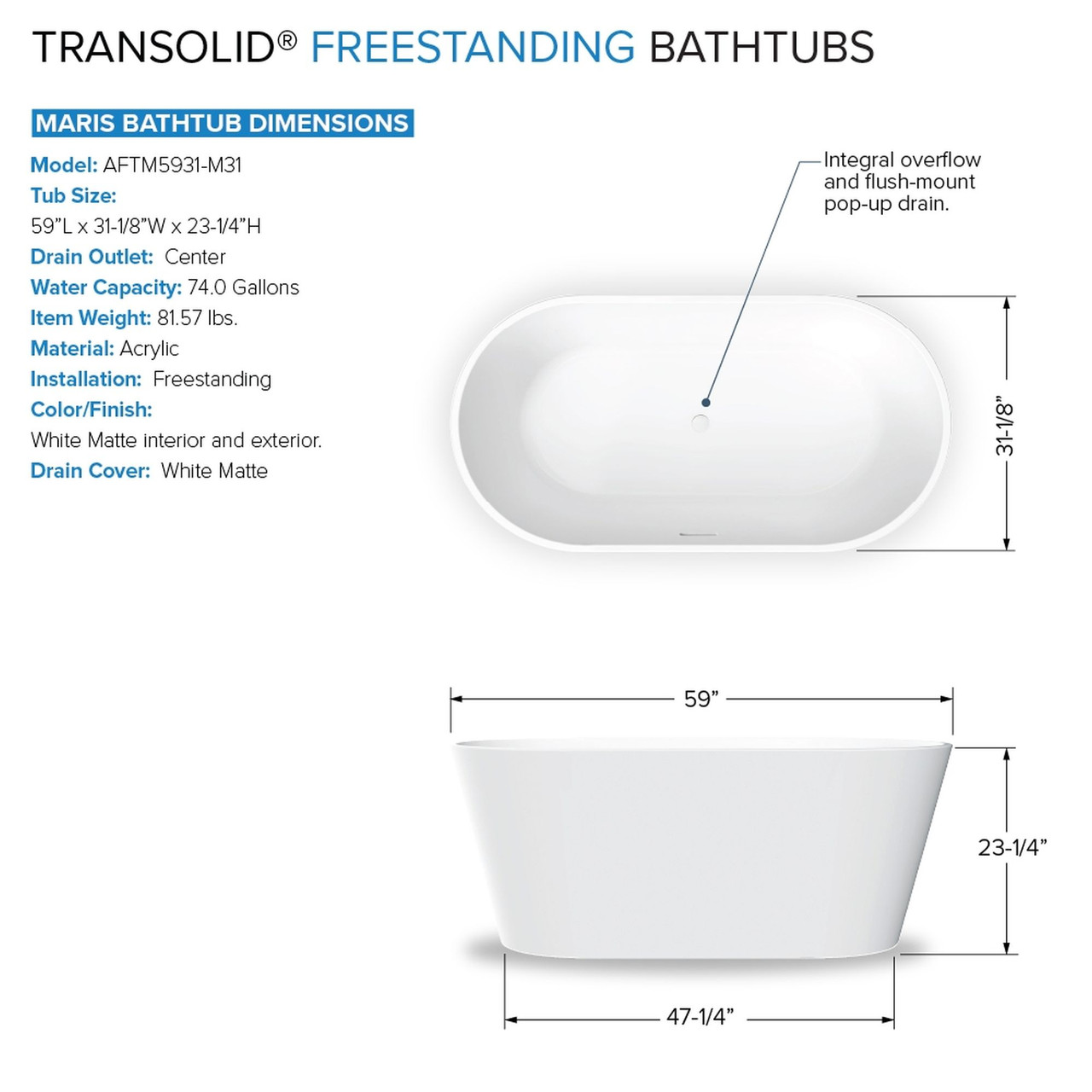 Transolid K-AFTM5931-M31 Maris 59-in x 31-in x 23-in Freestanding Acrylic Bathtub Kit With Center Drain And Bath Pillow, White (Matte)