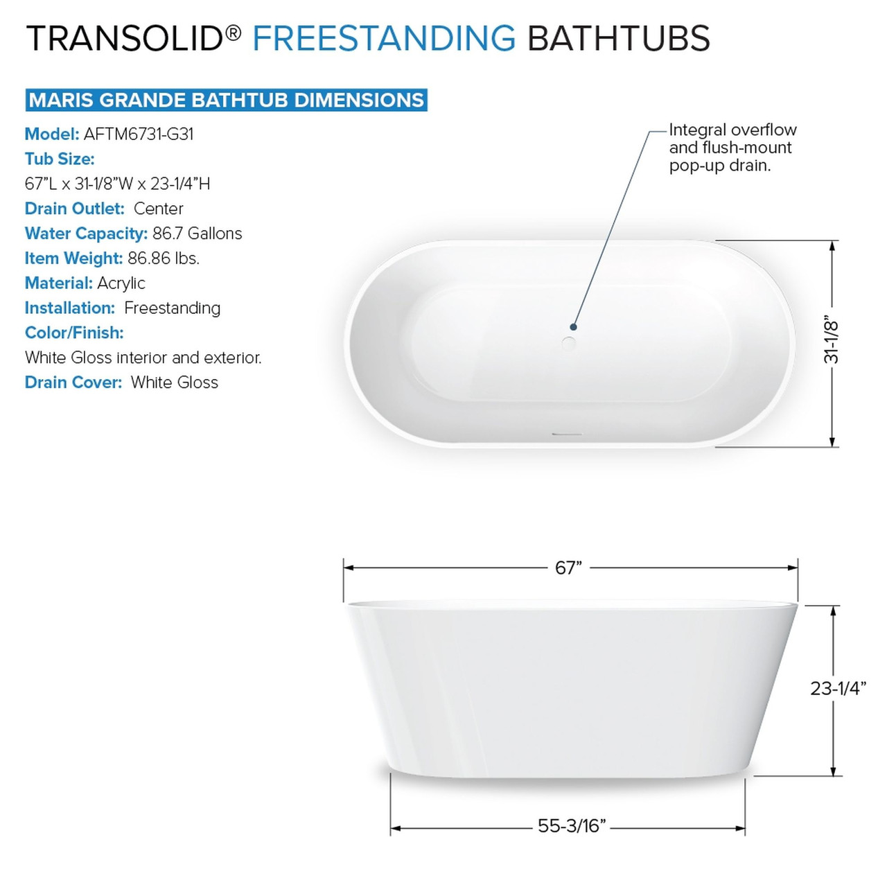 Transolid KF-AFTM6731-G31BN Maris Grande 67-in x 31-in x 23-in Freestanding Acrylic Bathtub Kit With Center Drain, Bath Pillow And Brushed Nickel Tub Filler, White (Gloss)
