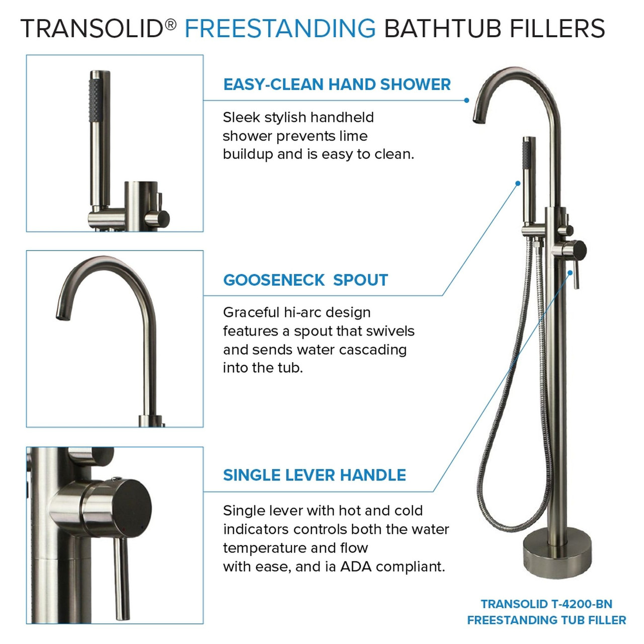Transolid KF-AFTM6731-G31BN Maris Grande 67-in x 31-in x 23-in Freestanding Acrylic Bathtub Kit With Center Drain, Bath Pillow And Brushed Nickel Tub Filler, White (Gloss)