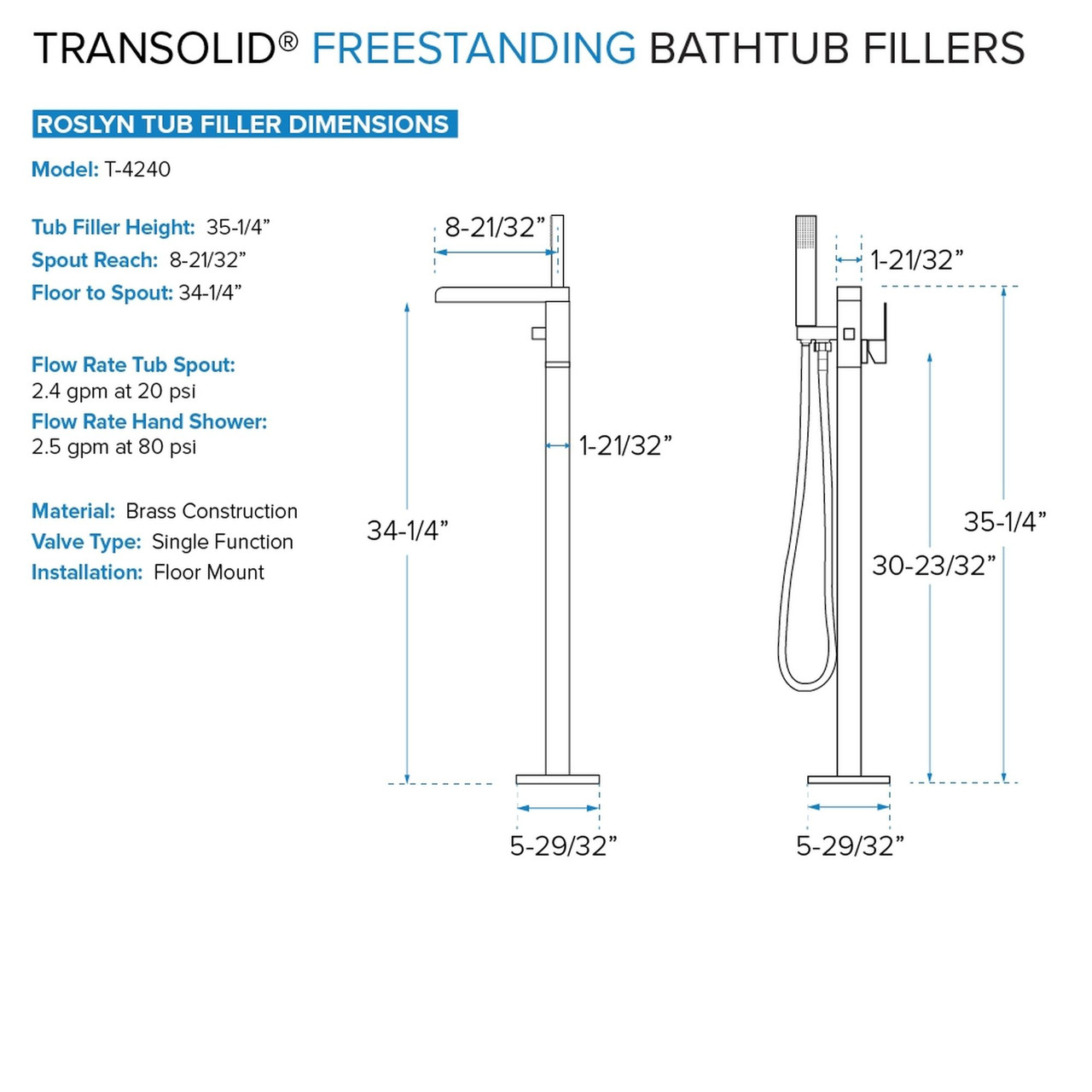Transolid KF-AFTM6731-G31MB Maris Grande 67-in x 31-in x 23-in Freestanding Acrylic Bathtub Kit With Center Drain, Bath Pillow And Matte Black Tub Filler, White (Gloss)