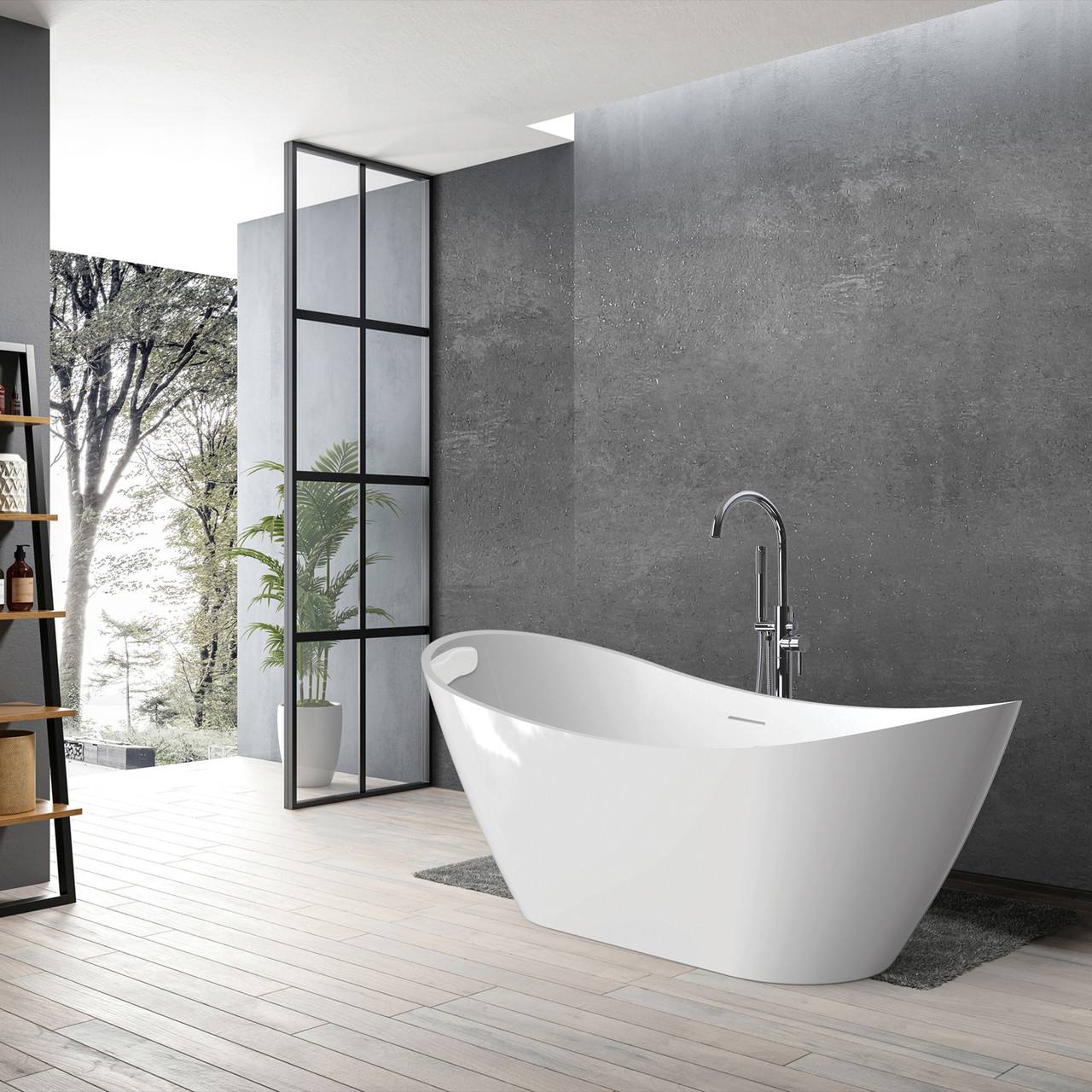 Transolid KF-AFTS5931-G31PC Skylar 59-in x 31-in x 27-in Freestanding Acrylic Bathtub Kit With Center Drain, Bath Pillow And Polished Chrome Tub Filler, White (Gloss)