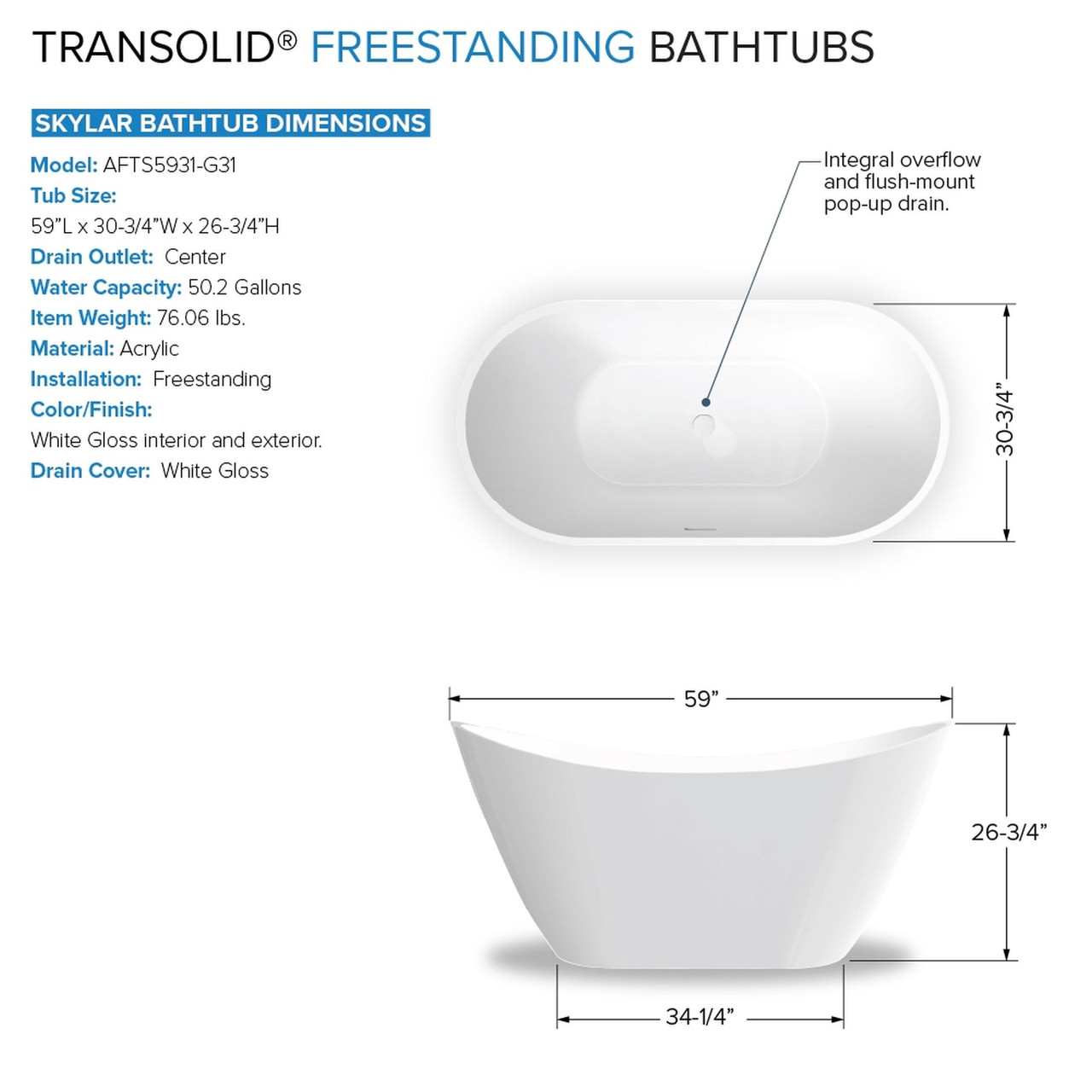Transolid KF-AFTS5931-G31PC Skylar 59-in x 31-in x 27-in Freestanding Acrylic Bathtub Kit With Center Drain, Bath Pillow And Polished Chrome Tub Filler, White (Gloss)