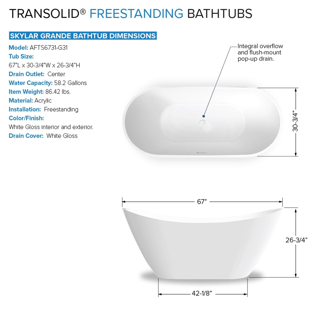 Transolid KF-AFTS6731-G31PC Skylar Grande 67-in x 31-in x 27-in Freestanding Acrylic Bathtub Kit With Center Drain, Bath Pillow And Polished Chrome Tub Filler, White (Gloss)