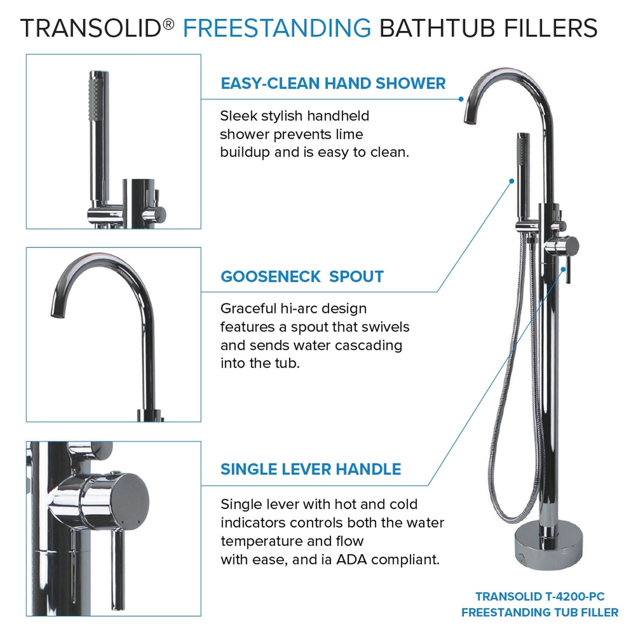 Transolid KF-AFTS6731-G31PC Skylar Grande 67-in x 31-in x 27-in Freestanding Acrylic Bathtub Kit With Center Drain, Bath Pillow And Polished Chrome Tub Filler, White (Gloss)