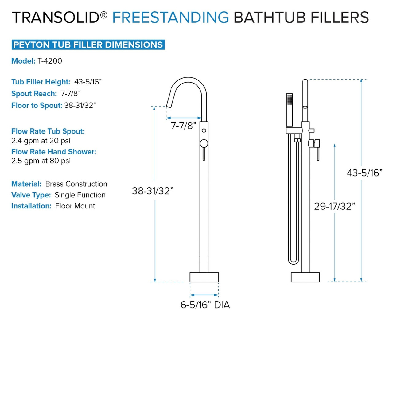 Transolid KF-AFTS6731-G31PC Skylar Grande 67-in x 31-in x 27-in Freestanding Acrylic Bathtub Kit With Center Drain, Bath Pillow And Polished Chrome Tub Filler, White (Gloss)