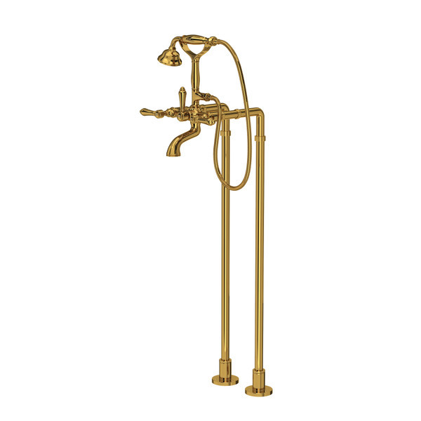 Rohl AKIT1401NLMULB Exposed Floor Mount Tub Filler with Handshower and Floor Pillar Legs or Supply Unions, Unlacquered Brass