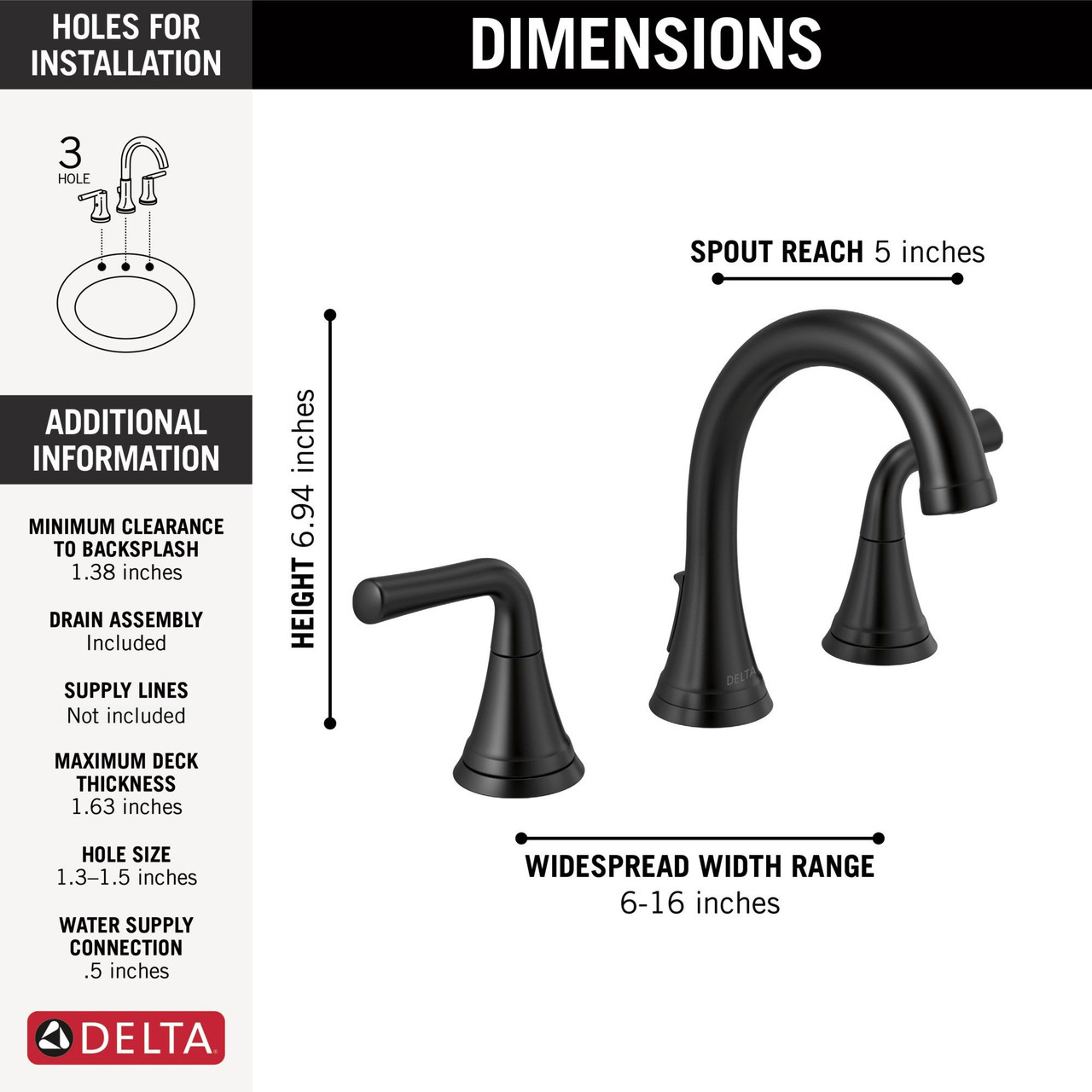 Delta 3533LF-BLMPU Kayra Two Handle Widespread Bathroom Faucet, Matte Black
