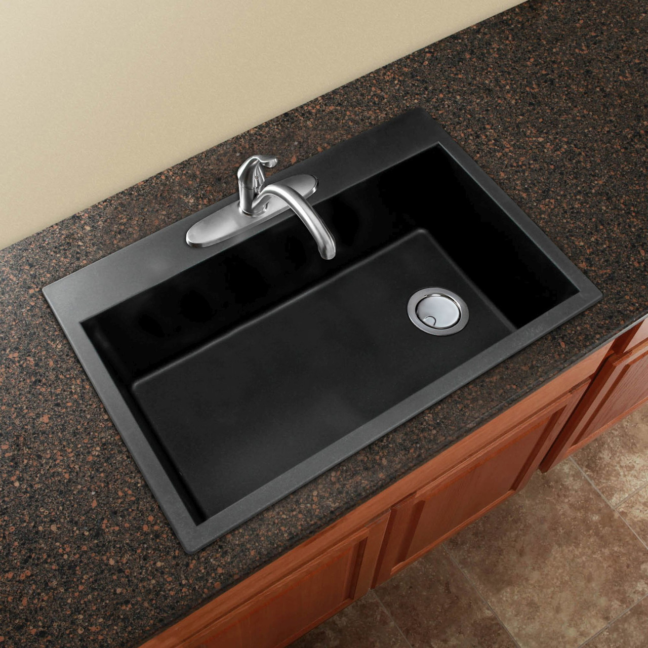 33-in X 22-in X 9.5-in silQ Granite Kitchen Sink with Super Single Offset Bowl, Drop-in Installation, with 2 CE Faucet Holes, In Black
