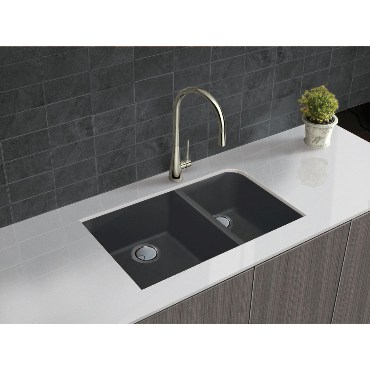31.75-in x 19.25-in x 9.5-in silQ Granite Kitchen Sink with 1-3/4 J-Shaped Double bowls, Undermount Installation, in Grey